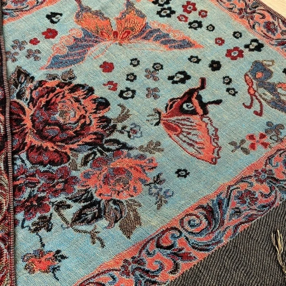 Pashmina, Red, Blue and Olive Colorblock Scarf Butterfly Pattern